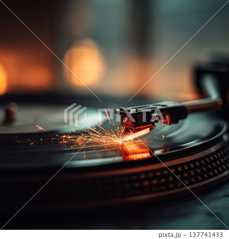 Turntable needle creating sparks on spinning vinyl record. Turntable needle creating sparks while playing a spinning vinyl record, capturing music and energy Turntable needle creating sparks on spinning vinyl record. Turntable needle creating sparks while playing a spinning vinyl record, capturing music and energy 137741433