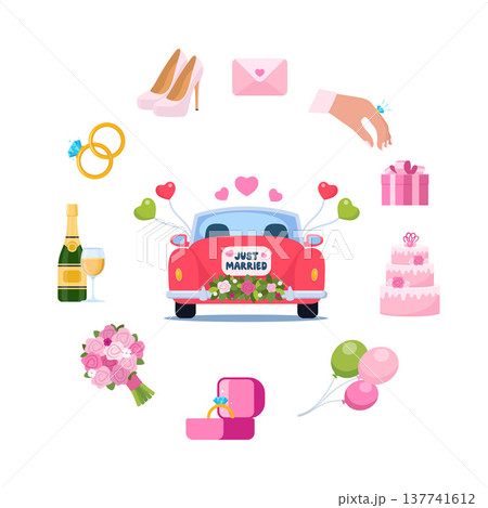 Wedding accessories, decorations set. Party, proposal, wedding, anniversary elements. Celebrate marriage, save the date ceremony. Vector illustration. 137741612