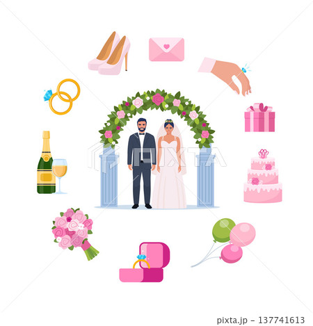 Wedding accessories, decorations set. Party, proposal, wedding, anniversary elements. Celebrate marriage, save the date ceremony. Vector illustration. 137741613