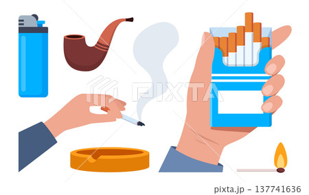 Smoking icons set. Colorful signs no smoking, cigarette, pack, lighter, nicotine, tobacco, cigar and pipe. Design elements for app or website. Vector illustration Smoking icons set. Colorful signs no smoking, cigarette, pack, lighter, nicotine, tobacco, cigar and pipe. Design elements for app or website. Vector illustration 137741636