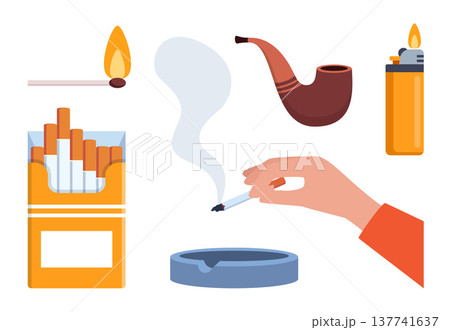 Smoking icons set. Colorful signs no smoking, cigarette, pack, lighter, nicotine, tobacco, cigar and pipe. Design elements for app or website. Vector illustration Smoking icons set. Colorful signs no smoking, cigarette, pack, lighter, nicotine, tobacco, cigar and pipe. Design elements for app or website. Vector illustration 137741637