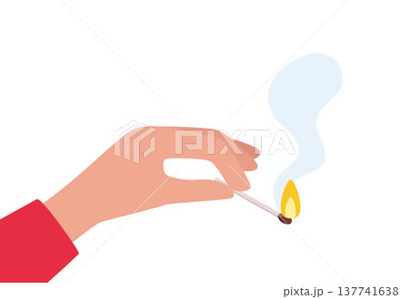 Hand holding one burning wooden match with hot fire. Fingers of man hold lit wood matchstick to light flame. Vector illustration. Hand holding one burning wooden match with hot fire. Fingers of man hold lit wood matchstick to light flame. Vector illustration. 137741638