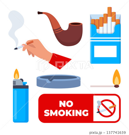 Smoking icons set. Colorful signs no smoking, cigarette, pack, lighter, nicotine, tobacco, cigar and pipe. Design elements for app or website. Vector illustration Smoking icons set. Colorful signs no smoking, cigarette, pack, lighter, nicotine, tobacco, cigar and pipe. Design elements for app or website. Vector illustration 137741639