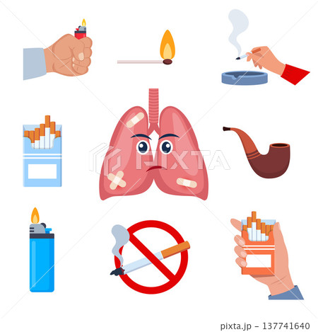 Harm of smoking icons set. Smoking-affected lungs. Colorful signs no smoking, cigarette, pack, lighter, nicotine, tobacco, cigar and pipe. Design elements for app or website. Vector illustration 137741640