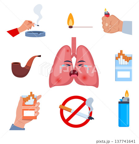 Harm of smoking icons set. Smoking-affected lungs. Colorful signs no smoking, cigarette, pack, lighter, nicotine, tobacco, cigar and pipe. Design elements for app or website. Vector illustration Harm of smoking icons set. Smoking-affected lungs. Colorful signs no smoking, cigarette, pack, lighter, nicotine, tobacco, cigar and pipe. Design elements for app or website. Vector illustration 137741641