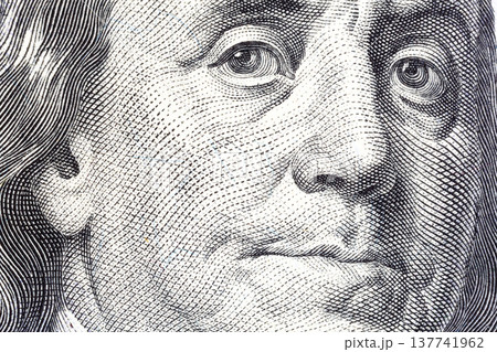 Portrait of Benjamin Franklin on one hundred dollar bill close-u Portrait of Benjamin Franklin on one hundred dollar bill close-u 137741962