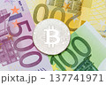 Silver Bitcoin close-up. Euro currency as a background. Macro ph 137741971