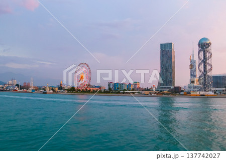 Batumi, Adjara, Georgia. View from the sea on resort town at evening 137742027