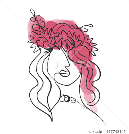 A line drawing of an abstract girl with flowers, drawn in one line. Minimalistic 137742145