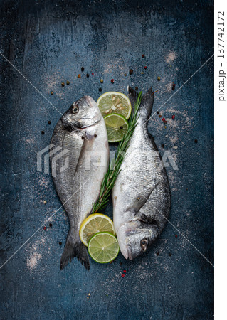fresh, raw dorado fish, on a dark blue background, top view, two pieces, no people, fresh, raw dorado fish, on a dark blue background, top view, two pieces, no people, 137742172
