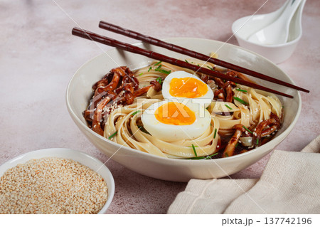 buckwheat noodles soba with shimeji mushrooms, with boiled egg, green onion, sesame seeds, homemade, without people, buckwheat noodles soba with shimeji mushrooms, with boiled egg, green onion, sesame seeds, homemade, without people, 137742196