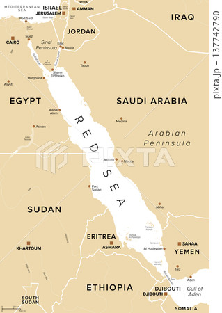 Red Sea, political map. Indian Ocean inlet between Africa and Asia connected in the south by Bab-el-Mandeb Strait and Gulf of Aden. To the north Sinai Peninsula, Gulf of Suez and Gulf of Aqaba. Vector Red Sea, political map. Indian Ocean inlet between Africa and Asia connected in the south by Bab-el-Mandeb Strait and Gulf of Aden. To the north Sinai Peninsula, Gulf of Suez and Gulf of Aqaba. Vector 137742790