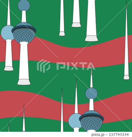Seamless pattern. Kuwait Towers on striped red and green background. 137743334