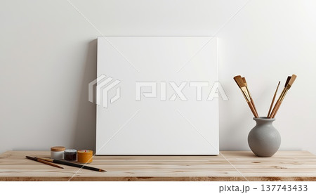A blank white canvas on a rustic wooden table, with watercolors, flowers, and Easter decor. Concept art, education, DIY creativity, Easter decor. A blank white canvas on a rustic wooden table, with watercolors, flowers, and Easter decor. Concept art, education, DIY creativity, Easter decor. 137743433
