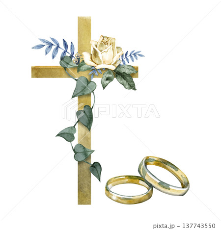 Watercolor illustration featuring a golden Christian cross decorated with a cream rose and ivy, paired with two gold wedding rings. This symbolic composition represents faith, love, and sacred Watercolor illustration featuring a golden Christian cross decorated with a cream rose and ivy, paired with two gold wedding rings. This symbolic composition represents faith, love, and sacred 137743550