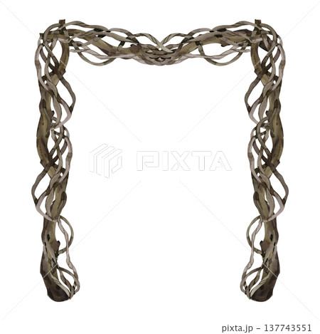 Watercolor illustration of a decorative arch crafted from twisted wooden branches and vines. This rustic, organic frame features intricate liana weaving, perfect for natural and eco-friendly designs. Watercolor illustration of a decorative arch crafted from twisted wooden branches and vines. This rustic, organic frame features intricate liana weaving, perfect for natural and eco-friendly designs. 137743551
