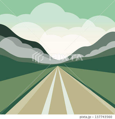 Empty road among field and meadow with green grass, mountains and sky with clouds. Cartoon summer vector scenery Empty road among field and meadow with green grass, mountains and sky with clouds. Cartoon summer vector scenery 137743560