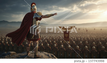 Roman general or emperor overlooking a massive army in a valley. Ancient military leader in armor and red cape commanding a legion. Historical conquest concept 137743998