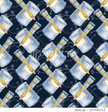 Seamless drawing with cans of paint, brushes and patches of blue paint on a blue background. Watercolor illustration with working tools for repairs. Realistic background for wallpaper, packaging and Seamless drawing with cans of paint, brushes and patches of blue paint on a blue background. Watercolor illustration with working tools for repairs. Realistic background for wallpaper, packaging and 137744313