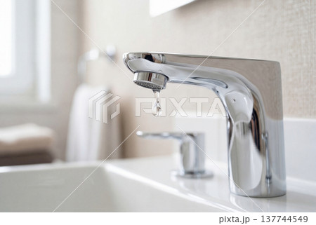 Chrome faucet with water droplet in modern bathroom 137744549