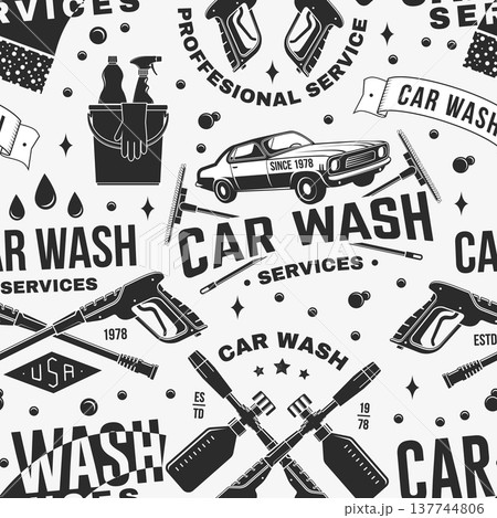 Car wash seamless pattern or background. Texture, wallpapers, template for car wash, cleaning car, washing and service business with cleaning equipment. Car cleaning, washing and design service 137744806