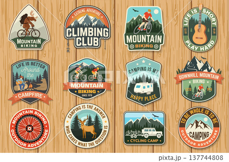 Set of Outdoor Adventure Badges, patches, stickers. Vector. Concept for shirt or logo, print, stamp or tee. Vintage typography design with man riding bike, forest, camping, climbing and mountain 137744808