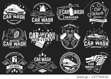 Set of Car wash logo, emblems, badges on the chalkboard. Vector. Template for car wash sticker, patch, cleaning car, washing and service with cleaning equipment. Car cleaning, washing and design Set of Car wash logo, emblems, badges on the chalkboard. Vector. Template for car wash sticker, patch, cleaning car, washing and service with cleaning equipment. Car cleaning, washing and design 137744816