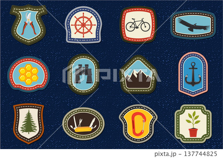 Set of Scout badge with ship helm, anchor marine, growing seedling, honeycombs, mountains, bicycle. Vector. Merit patch, sticker for camping outdoor and academic activities Set of Scout badge with ship helm, anchor marine, growing seedling, honeycombs, mountains, bicycle. Vector. Merit patch, sticker for camping outdoor and academic activities 137744825