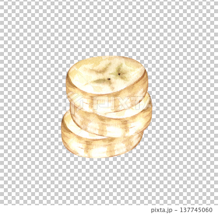 Hand-drawn pieces of ripe banana stacked in a tower. Watercolor illustration on an isolated background. A clipart with a realistic image of segments of an exotic plant for the design of baby food and 137745060
