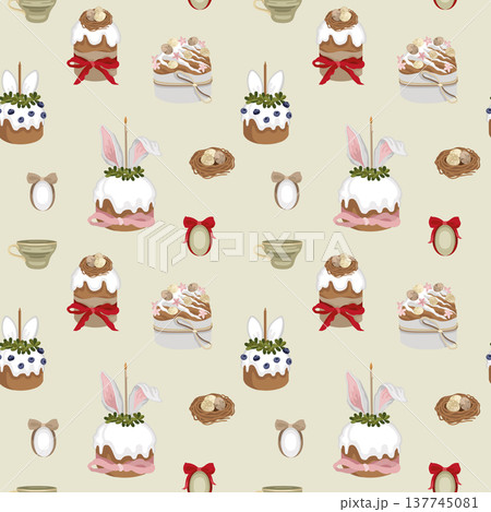 Hand-drawn Easter cakes seamless pattern with teacups, birds nest and Easter dyed eggs, Easter holiday and spring background Hand-drawn Easter cakes seamless pattern with teacups, birds nest and Easter dyed eggs, Easter holiday and spring background 137745081