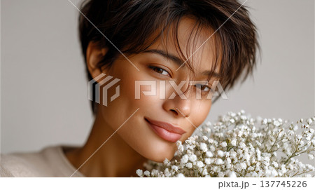 Smiling asian woman with short hair holding bouquet of white gypsophila flowers close to face on neutral background 137745226
