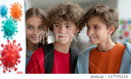 Group of smiling european school children looking at colorful virus illustrations on a classroom board 137745228