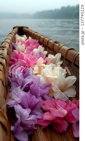 Colorful tropical flowers with water droplets arranged in a woven boat floating on a calm lake in misty weather 137745229