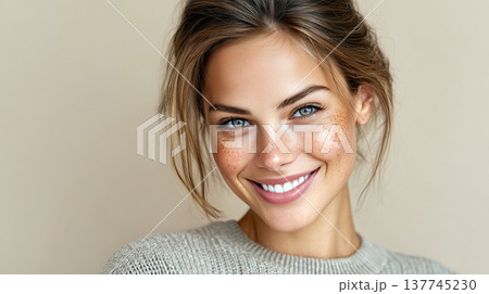 Caucasian young woman with freckles smiling in natural light creating warm friendly portrait with clean background Caucasian young woman with freckles smiling in natural light creating warm friendly portrait with clean background 137745230