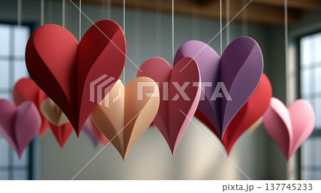 Colorful paper hearts hanging on strings as romantic handmade decoration for Valentine's Day celebration indoors 137745233