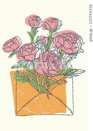 Peony flowers bouquet in envelope illustration vintage botanical style Peony flowers bouquet in envelope illustration vintage botanical style 137745358