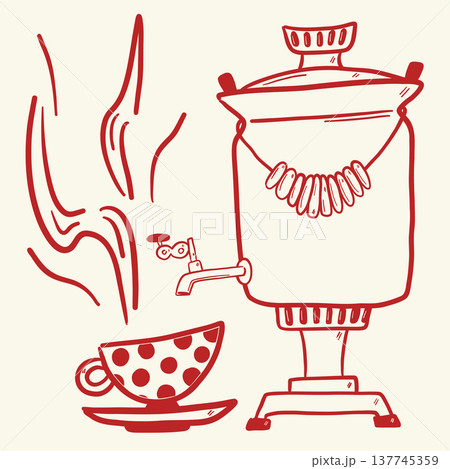 Samovar tea set with cup steam and hands line drawing vintage style Samovar tea set with cup steam and hands line drawing vintage style 137745359