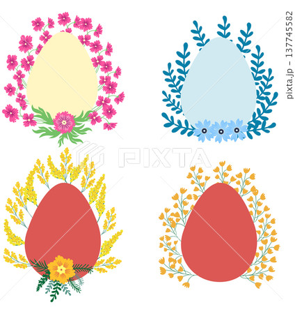 A set of Easter cards with an egg, bunny and flowers. The inscriptions read He is risen, Happy Easter 137745582