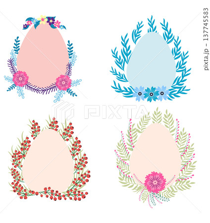 A set of Easter cards with an egg, bunny and flowers. The inscriptions read He is risen, Happy Easter 137745583