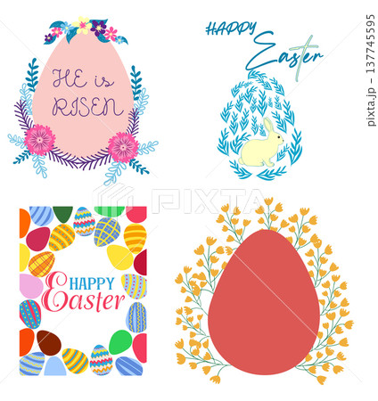 A set of Easter cards with an egg, bunny and flowers. The inscriptions read He is risen, Happy Easter 137745595