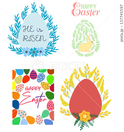 A set of Easter cards with an egg, bunny and flowers. The inscriptions read He is risen, Happy Easter A set of Easter cards with an egg, bunny and flowers. The inscriptions read He is risen, Happy Easter 137745597