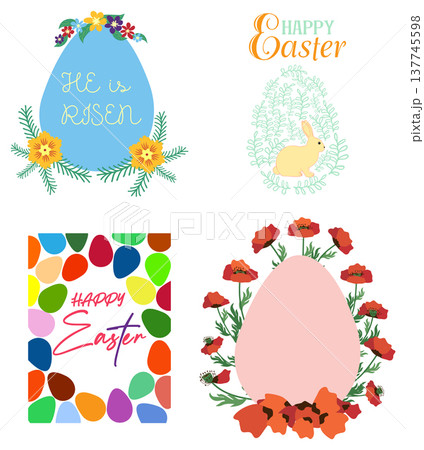 A set of Easter cards with an egg, bunny and flowers. The inscriptions read He is risen, Happy Easter 137745598