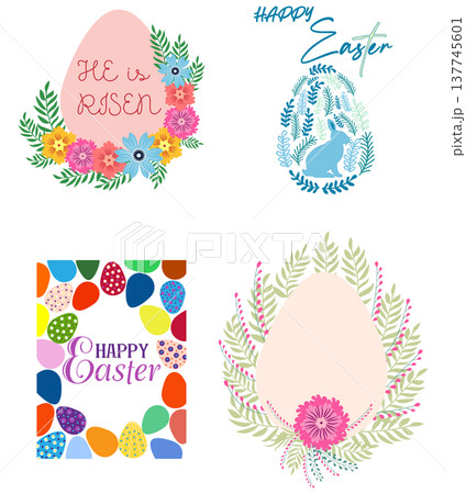 A set of Easter cards with an egg, bunny and flowers. The inscriptions read He is risen, Happy Easter A set of Easter cards with an egg, bunny and flowers. The inscriptions read He is risen, Happy Easter 137745601
