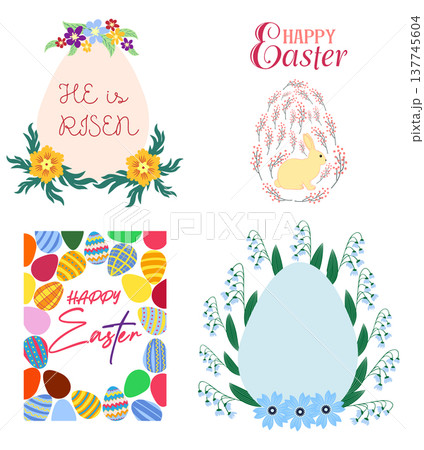 A set of Easter cards with an egg, bunny and flowers. The inscriptions read He is risen, Happy Easter 137745604