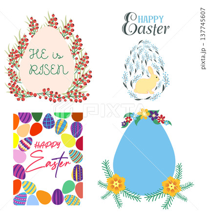 A set of Easter cards with an egg, bunny and flowers. The inscriptions read He is risen, Happy Easter A set of Easter cards with an egg, bunny and flowers. The inscriptions read He is risen, Happy Easter 137745607