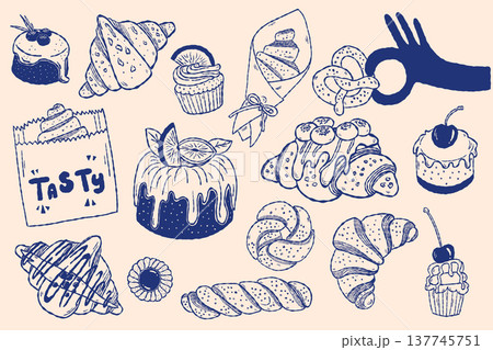 Bakery pastry set with croissant, cupcake and bread in hand drawn outline style Bakery pastry set with croissant, cupcake and bread in hand drawn outline style 137745751