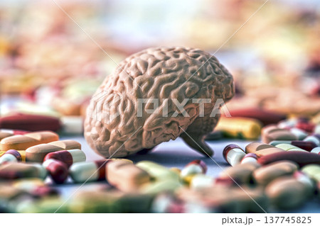Human brain on heap of medicine pills or dietary supplements Human brain on heap of medicine pills or dietary supplements 137745825