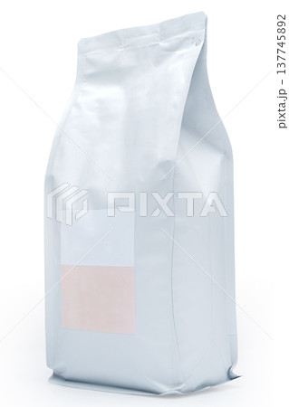 vertical view of sealed packages for bulk products with empty labels on them, for 1 kilogram, or 1000 gram, on a white background, isolated 137745892