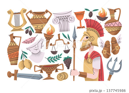 Ancient Greece elements set with antique hoplite warrior character and Mediterranean heritage Ancient Greece elements set with antique hoplite warrior character and Mediterranean heritage 137745986