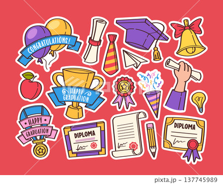 Colorful graduation set with mortarboard, rolled diploma, certificate scroll, confetti firecracker 137745989